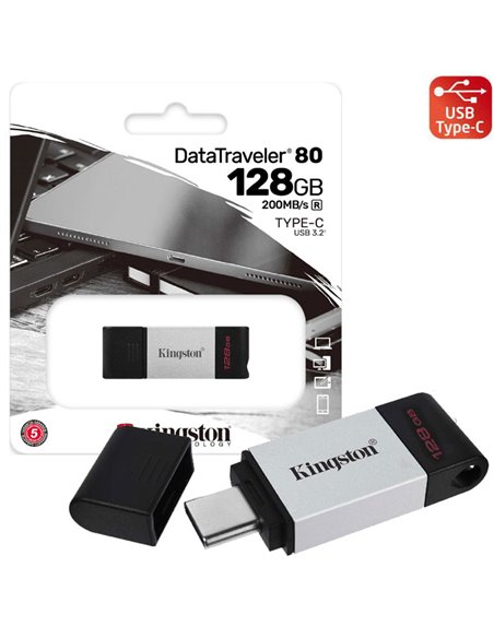 PEN DRIVE 128GB CON ATTACCO USB TYPE-C 3.2 GEN 1, CORPO IN METALLO E CAPPUCCIO DI PROTEZIONE USB KINGSTON DT80/128GB