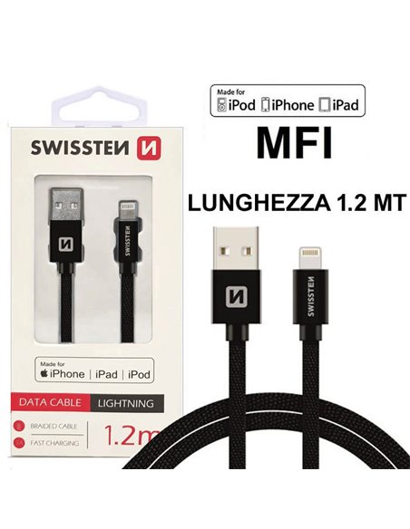 CAVO USB LIGHTNING con CERTIFICATO MFI E CAVO IN TESSUTO - LUNGHEZZA 1.2 MT COLORE NERO SWISSTEN 71524201 BLISTER