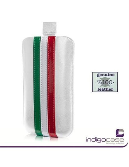 CUSTODIA A SACCHETTO IN VERA PELLE per SAMSUNG S5230, LG KP500, NOKIA N85 INDIGO COLORE BIANCO CON BANDIERA ITALIA