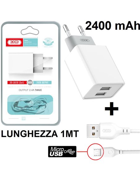 CARICATORE DA RETE 2400mAh CON 2 PORTE USB + CAVO MICRO USB - LUNGHEZZA 1 MT COLORE BIANCO XO L65 (EU) BLISTER (XO-L65.MU.BI)