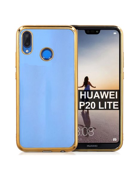 CUSTODIA per HUAWEI P20 LITE IN GEL TPU SILICONE TRASPARENTE CON CORNICE COLORE ORO