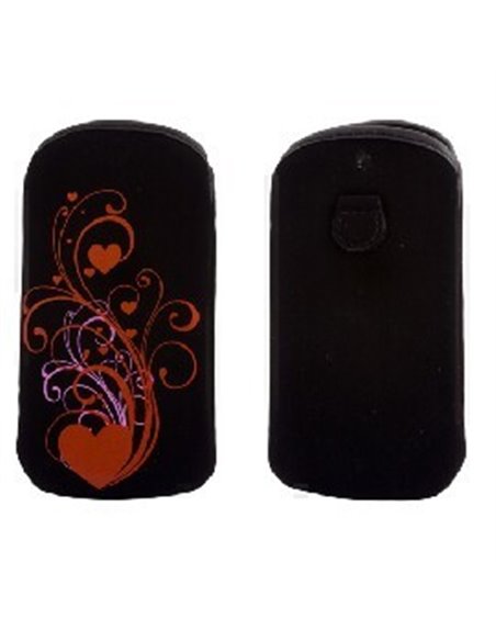 CUSTODIA A SACCHETTO IN TESSUTO per APPLE IPHONE 4, 4s E MODELLI SIMILARI FANTASIA FLEX COLORE NERO CON CUORI E FIORI ROSSI