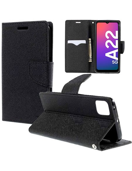 CUSTODIA per SAMSUNG GALAXY A22 5G (A226B) - FLIP ORIZZONTALE CON INTERNO IN TPU, STAND E PORTA CARTE COLORE NERO - ATTENZIONE..