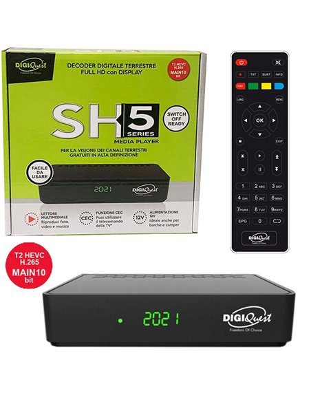 RICEVITORE DIGITALE TERRESTRE MAIN 10 bit T2 HEVC H.265 FULL HD 1080p RICD1218 SH5 CON TELECOMANDO E PORTA USB NERO DIGIQUEST