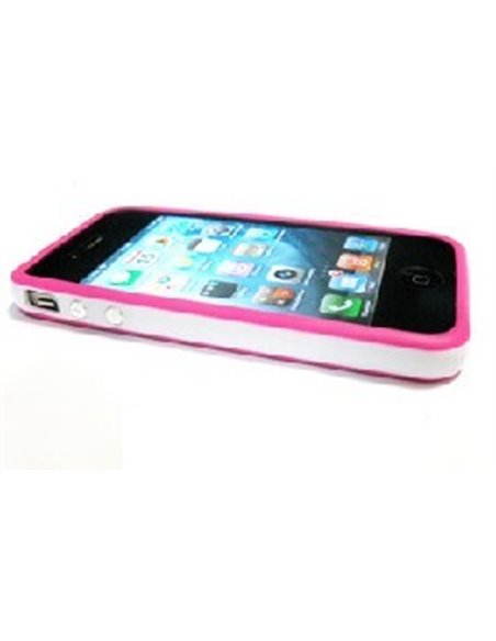 CUSTODIA GEL TPU SILICONE BUMPER per APPLE IPHONE 4, 4s COLORE FUCSIA-BIANCO-FUCSIA TASTI METALLIZZATI