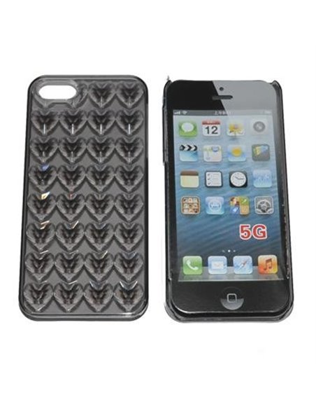 CUSTODIA per APPLE IPHONE SE, IPHONE 5S, IPHONE 5 - BACK RIGIDA TRASPARENTE CON CUORI IN RILIEVO COLORE NERO