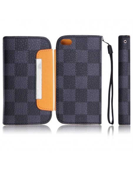 CUSTODIA ORIZZONTALE FLIP SAMSUNG S6500 Galaxy Mini 2 WALLET FANTASIA QUADRI GRIGI COLORE NERO