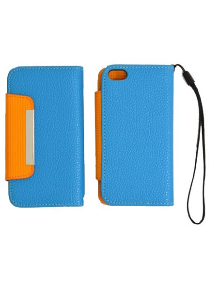 CUSTODIA ORIZZONTALE FLIP WALLET per APPLE IPHONE 5, 5S COLORE AZZURRO E ARANCIONE CON LACCIO E PORTA CARTE