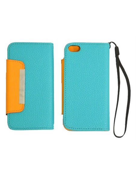CUSTODIA ORIZZONTALE FLIP WALLET per APPLE IPHONE 5, 5S COLORE VERDE ACQUA E ARANCIONE CON LACCIO E PORTA CARTE