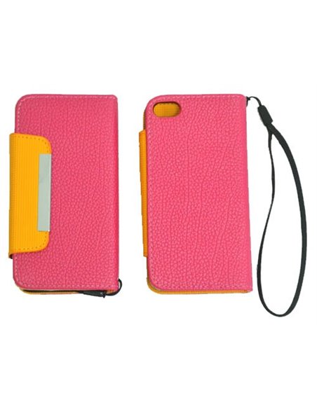 CUSTODIA ORIZZONTALE FLIP WALLET per APPLE IPHONE 5, 5S COLORE ROSA E ARANCIONE CON LACCIO E PORTA CARTE