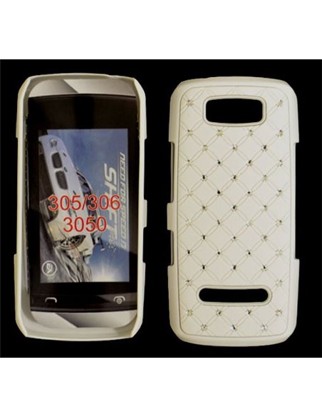 CUSTODIA RIGIDA GOMMATA CON BRILLANTINI per NOKIA ASHA 305, 306 COLORE BIANCO