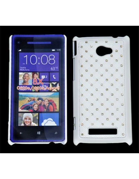 CUSTODIA RIGIDA GOMMATA CON BRILLANTINI per HTC WINDOWS PHONE 8X C620E COLORE BIANCO