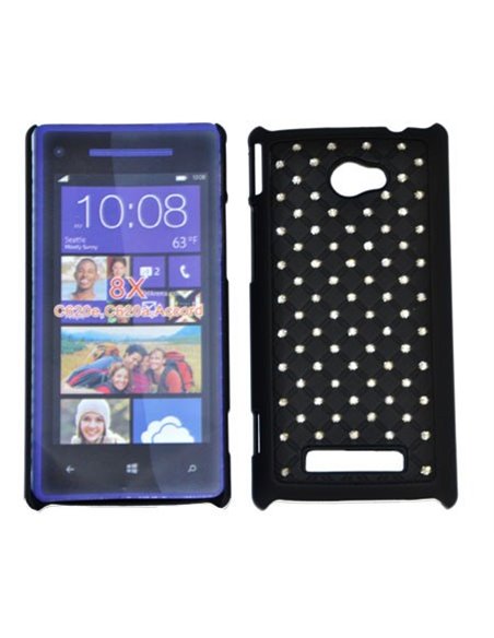 CUSTODIA RIGIDA GOMMATA CON BRILLANTINI per HTC WINDOWS PHONE 8X C620E COLORE NERO