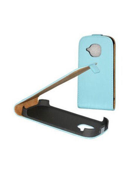 CUSTODIA VERTICALE SLIM FLIP PELLE per SAMSUNG I8190 GALAXY S3 MINI, I8200 GALAXY S3 MINI VE COLORE AZZURRO