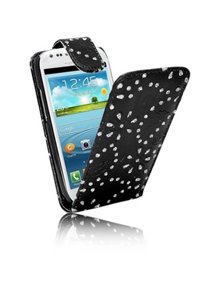 CUSTODIA FLIP VERTICALE PELLE per SAMSUNG S7562 GALAXY S DUOS, S7560 GALAXY TREND, S7580 FANTASIA FIORI CON STRASS COLORE NERO