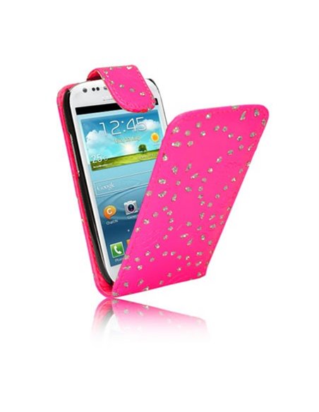 CUSTODIA FLIP VERTICALE PELLE per SAMSUNG S7562 GALAXY S DUOS, S7560 GALAXY TREND, S7580 FANTASIA FIORI CON STRASS COLORE ROSA