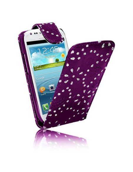 CUSTODIA FLIP VERTICALE PELLE per SAMSUNG S7562 GALAXY S DUOS, S7560 GALAXY TREND, S7580 FANTASIA FIORI CON STRASS COLORE VIOLA