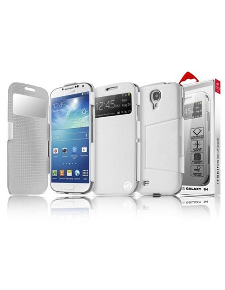 CUSTODIA BOOK PELLE per SAMSUNG I9500 GALAXY S4 CON FINESTRA IDENTIFICATIVO CHIAMANTE E STAND BIANCO ITSKINS BLISTER