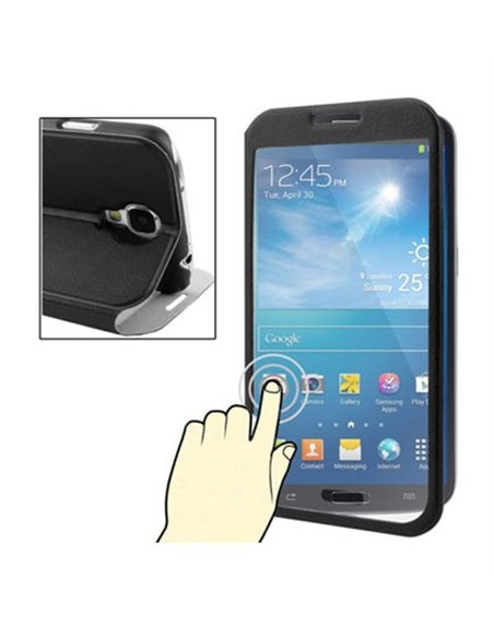 CUSTODIA FLIP SLIM ORIZZONTALE PELLE TOUCH SCREEN per SAMSUNG I9500 GALAXY S4 PARTE FRONTALE TRASPARENTE E STAND COLORE NERO