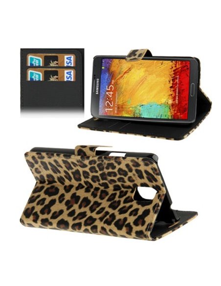 CUSTODIA FLIP ORIZZONTALE per SAMSUNG GALAXY NOTE 3, N9000, N9002, N9005 CON PORTA CARTE FANTASIA LEOPARDATO COLORE MARRONE