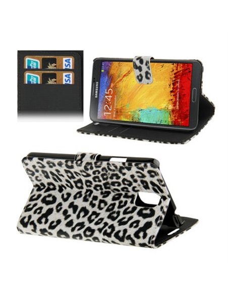 CUSTODIA FLIP ORIZZONTALE per SAMSUNG GALAXY NOTE 3, N9000, N9002, N9005 CON PORTA CARTE FANTASIA LEOPARDATO COLORE BIANCO