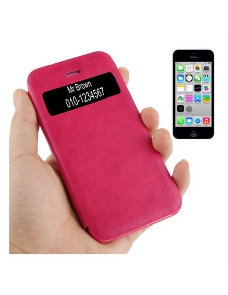 CUSTODIA FLIP ORIZZONTALE PELLE per APPLE IPHONE 5c CON FINESTRA IDENTIFICATIVO CHIAMANTE COLORE FUCSIA