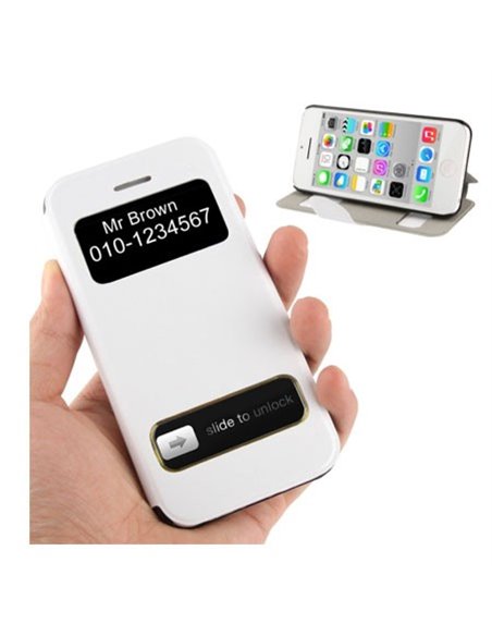 CUSTODIA FLIP ORIZZONTALE per APPLE IPHONE 5c CON DOPPIA FINESTRA IDENTIFICATIVO CHIAMANTE E STAND COLORE BIANCO