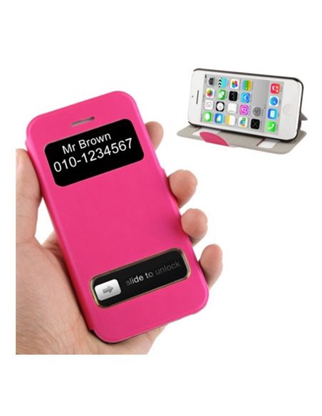 CUSTODIA FLIP ORIZZONTALE per APPLE IPHONE 5c CON DOPPIA FINESTRA IDENTIFICATIVO CHIAMANTE E STAND COLORE FUCSIA