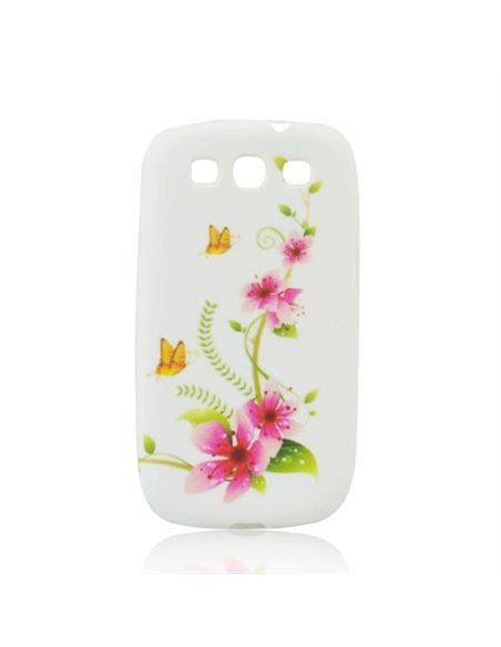 CUSTODIA GEL TPU SILICONE per SAMSUNG I8260 GALAXY CORE, I8262 FANTASIA FIORI E FARFALLE SU SFONDO BIANCO