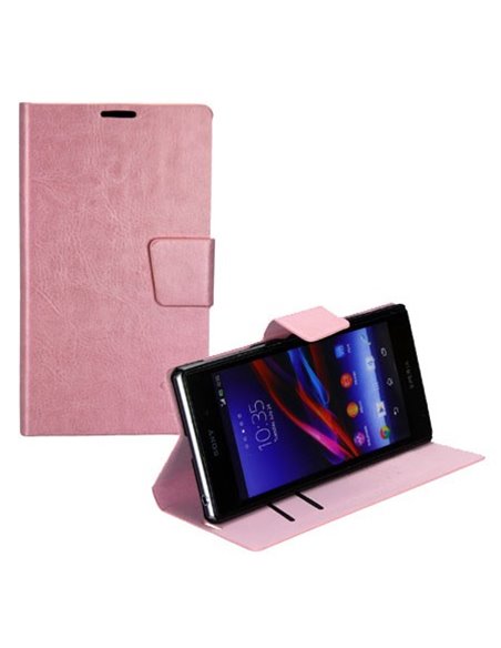 CUSTODIA FLIP ORIZZONTALE PELLE per SONY XPERIA Z1, L39H, C6902, C6903, C6906, C6943 CON STAND E PORTA CARTE COLORE ROSA