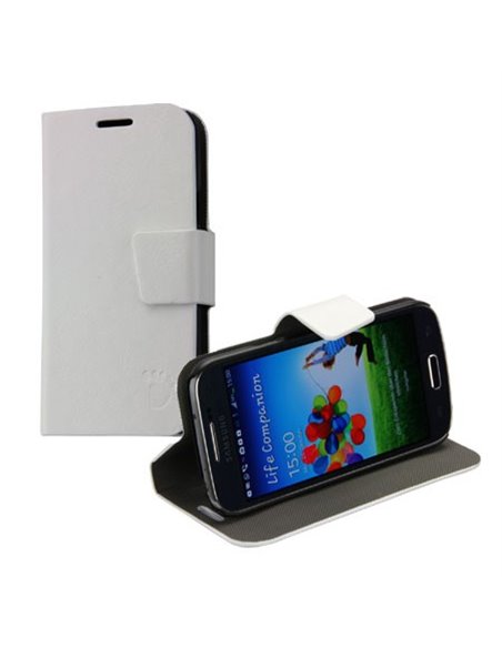 CUSTODIA FLIP ORIZZONTALE PELLE per SAMSUNG I9190 GALAXY S4 MINI, I9192, I9195 CON STAND E PORTA CARTE COLORE BIANCO