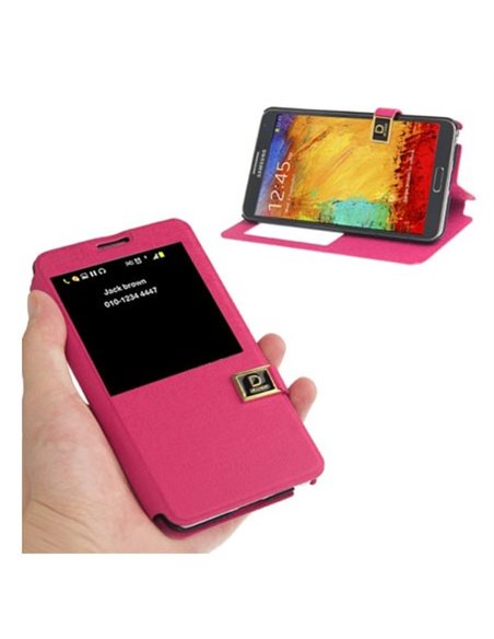 CUSTODIA FLIP ORIZZONTALE per SAMSUNG GALAXY NOTE 3, N9000 CON FINESTRA IDENTIFICATIVO CHIAMANTE FUCSIA EFFETTO LINO