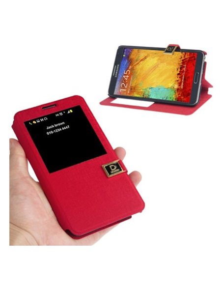 CUSTODIA FLIP ORIZZONTALE per SAMSUNG GALAXY NOTE 3, N9000 CON FINESTRA IDENTIFICATIVO CHIAMANTE ROSSO EFFETTO LINO