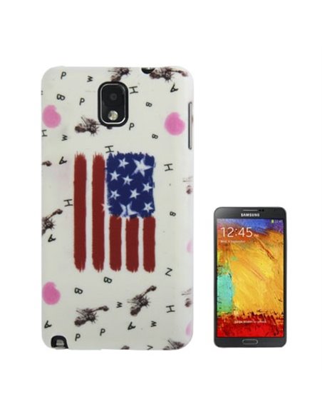 CUSTODIA BACK RIGIDA per SAMSUNG GALAXY NOTE 3, N9000, N9002, N9005 FANTASIA BANDIERA USA SU SFONDO BIANCO CON LETTERE