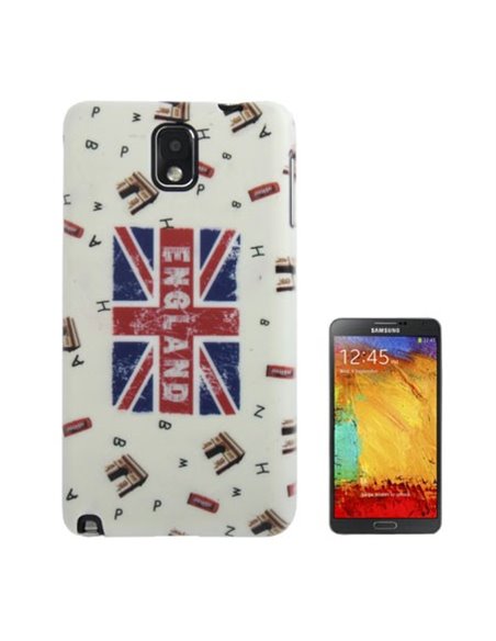 CUSTODIA BACK RIGIDA per SAMSUNG GALAXY NOTE 3, N9000, N9002, N9005 FANTASIA BANDIERA UK SU SFONDO BIANCO CON LETTERE