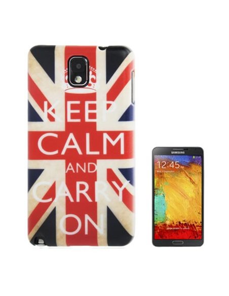 CUSTODIA BACK RIGIDA per SAMSUNG GALAXY NOTE 3, N9000, N9002, N9005 FANTASIA BANDIERA UK CON SCRITTA 'KEEP CALM AND CARRY ON'