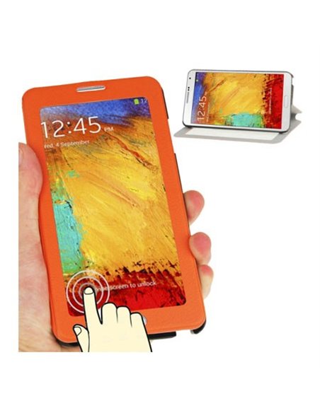 CUSTODIA FLIP ORIZZONTALE TOUCH SCREEN per SAMSUNG GALAXY NOTE 3, N9000 CON FINESTRA GRANDE E STAND COLORE ARANCIONE