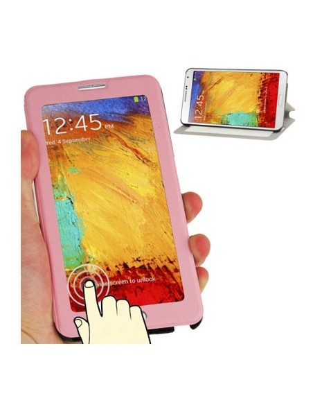 CUSTODIA FLIP ORIZZONTALE TOUCH SCREEN per SAMSUNG GALAXY NOTE 3, N9000 CON FINESTRA GRANDE E STAND COLORE ROSA