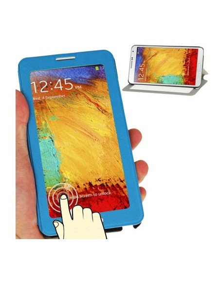 CUSTODIA FLIP ORIZZONTALE TOUCH SCREEN per SAMSUNG GALAXY NOTE 3, N9000 CON FINESTRA GRANDE E STAND COLORE BLU