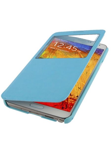 CUSTODIA FLIP ORIZZONTALE PELLE per SAMSUNG GALAXY NOTE 3, N9000 CON FINESTRA IDENTIFICATIVO CHIAMANTE COLORE AZZURRO