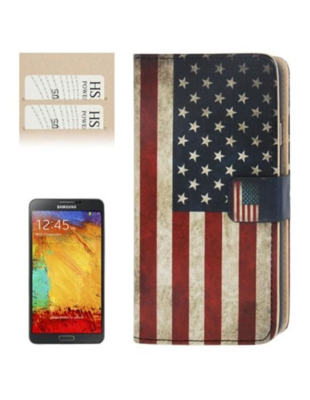 CUSTODIA FLIP ORIZZONTALE PELLE per SAMSUNG GALAXY NOTE 3, N9000, N9002, N9005 CON STAND E PORTA CARTE FANTASIA BANDIERA USA ANT