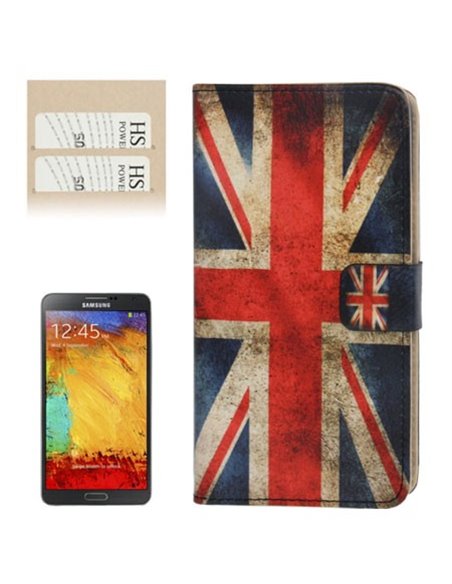 CUSTODIA FLIP ORIZZONTALE PELLE per SAMSUNG GALAXY NOTE 3, N9000, N9002, N9005 CON STAND E PORTA CARTE FANTASIA BANDIERA UK ANTI