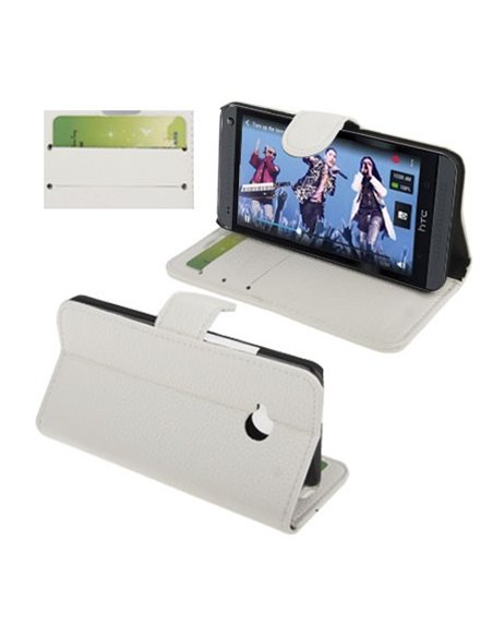 CUSTODIA FLIP ORIZZONTALE PELLE RUVIDA per HTC ONE, M7 CON STAND E PORTA CARTE COLORE BIANCO