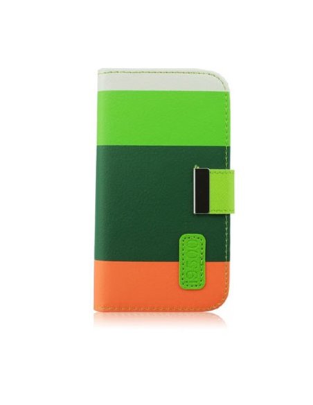 CUSTODIA FLIP ORIZZONTALE per SAMSUNG I9500 GALAXY S4 CON STAND E PORTA CARTE FANTASIA RIGHE BIANCO, VERDE, VERDE SCURO E ARANCI