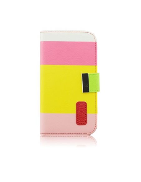 CUSTODIA FLIP ORIZZONTALE per SAMSUNG I9500 GALAXY S4 CON STAND E PORTA CARTE FANTASIA RIGHE BIANCO, ROSA, GIALLO E ROSA