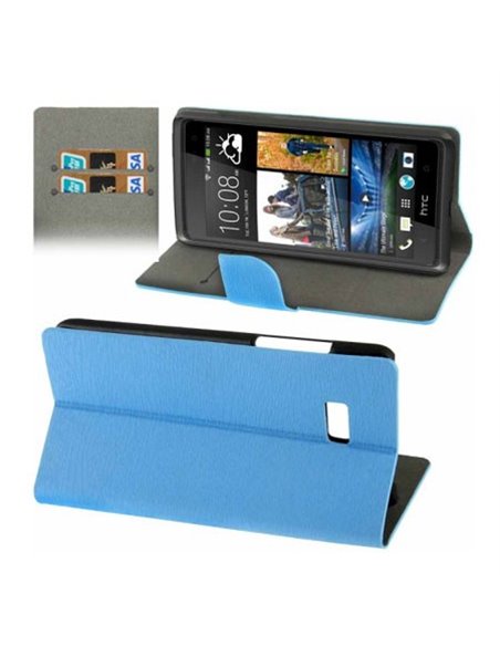 CUSTODIA FLIP ORIZZONTALE PELLE per HTC DESIRE 600 CON STAND E PORTA CARTE COLORE BLU EFFETTO LEGNO