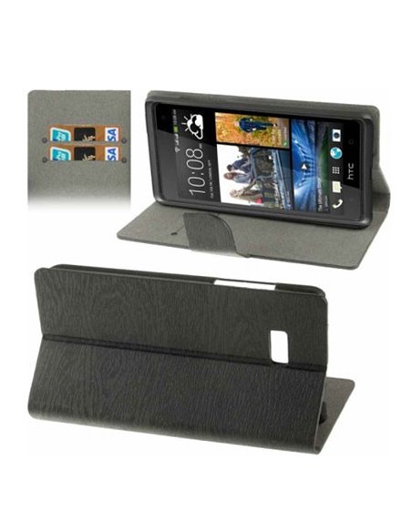 CUSTODIA FLIP ORIZZONTALE PELLE per HTC DESIRE 600 CON STAND E PORTA CARTE COLORE NERO EFFETTO LEGNO