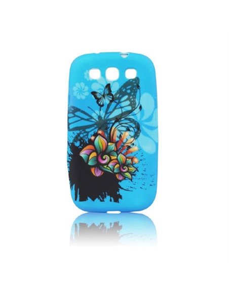 CUSTODIA GEL TPU SILICONE per SAMSUNG I8260 GALAXY CORE, I8262 FANTASIA FIORI E FARFALLE SU SFONDO BLU