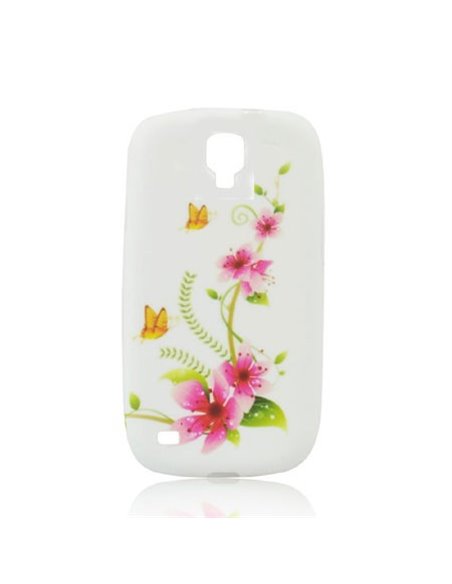 CUSTODIA GEL TPU SILICONE per SAMSUNG I9500 GALAXY S4, I9505, I9502 FANTASIA FIORI E FARFALLE SU SFONDO BIANCO