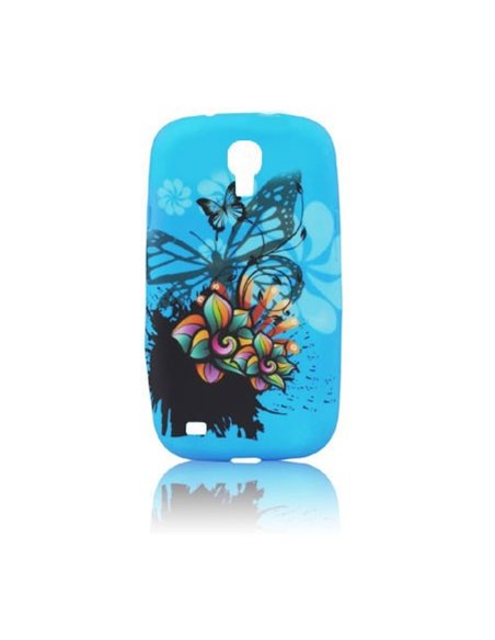 CUSTODIA GEL TPU SILICONE per SAMSUNG I9500 GALAXY S4, I9505, I9502 FANTASIA FIORI E FARFALLE SU SFONDO BLU